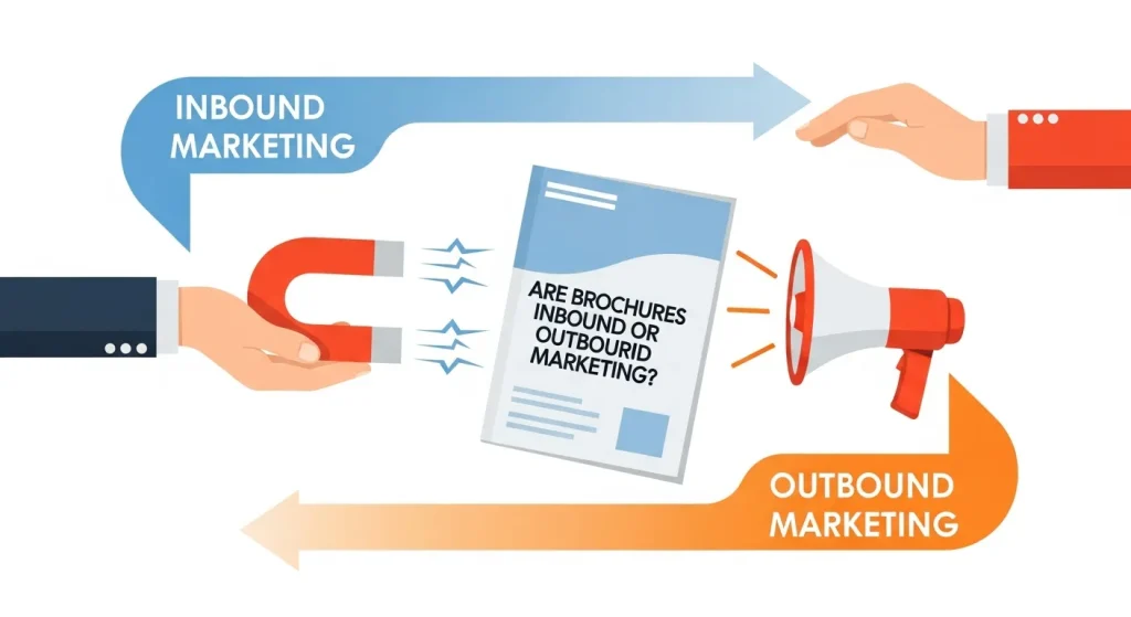 Digital and printed brochures side by side representing the balance between inbound and outbound marketing strategies