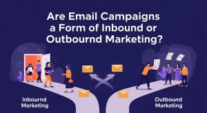 Marketer analyzing email campaign performance dashboard combining inbound and outbound marketing tactics.