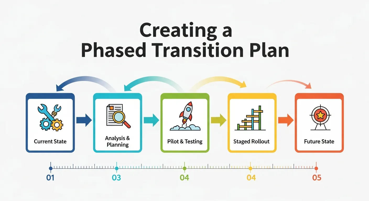 Visual representation of phased marketing transition showing stages from outbound to inbound marketing strategy