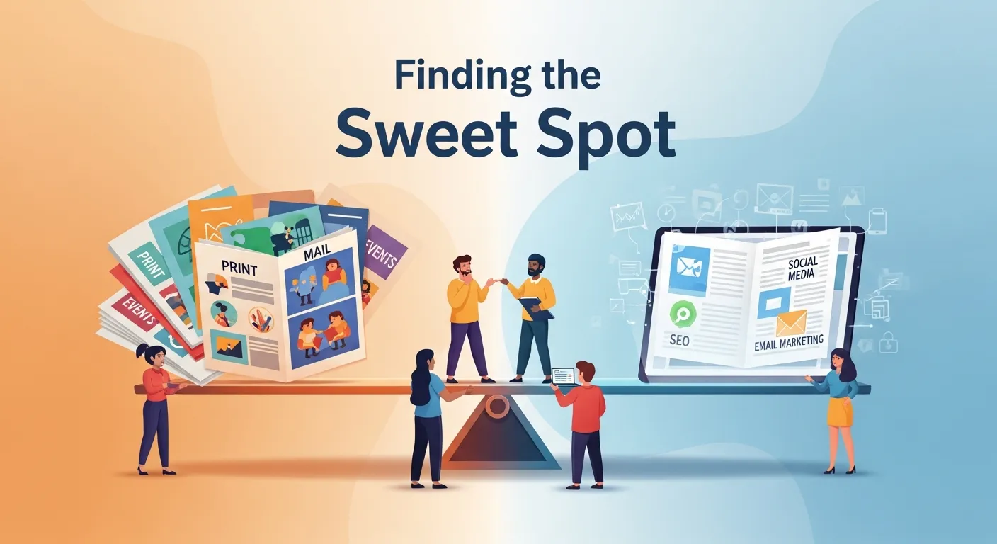 Marketing team integrating physical and digital brochures to balance inbound and outbound strategies