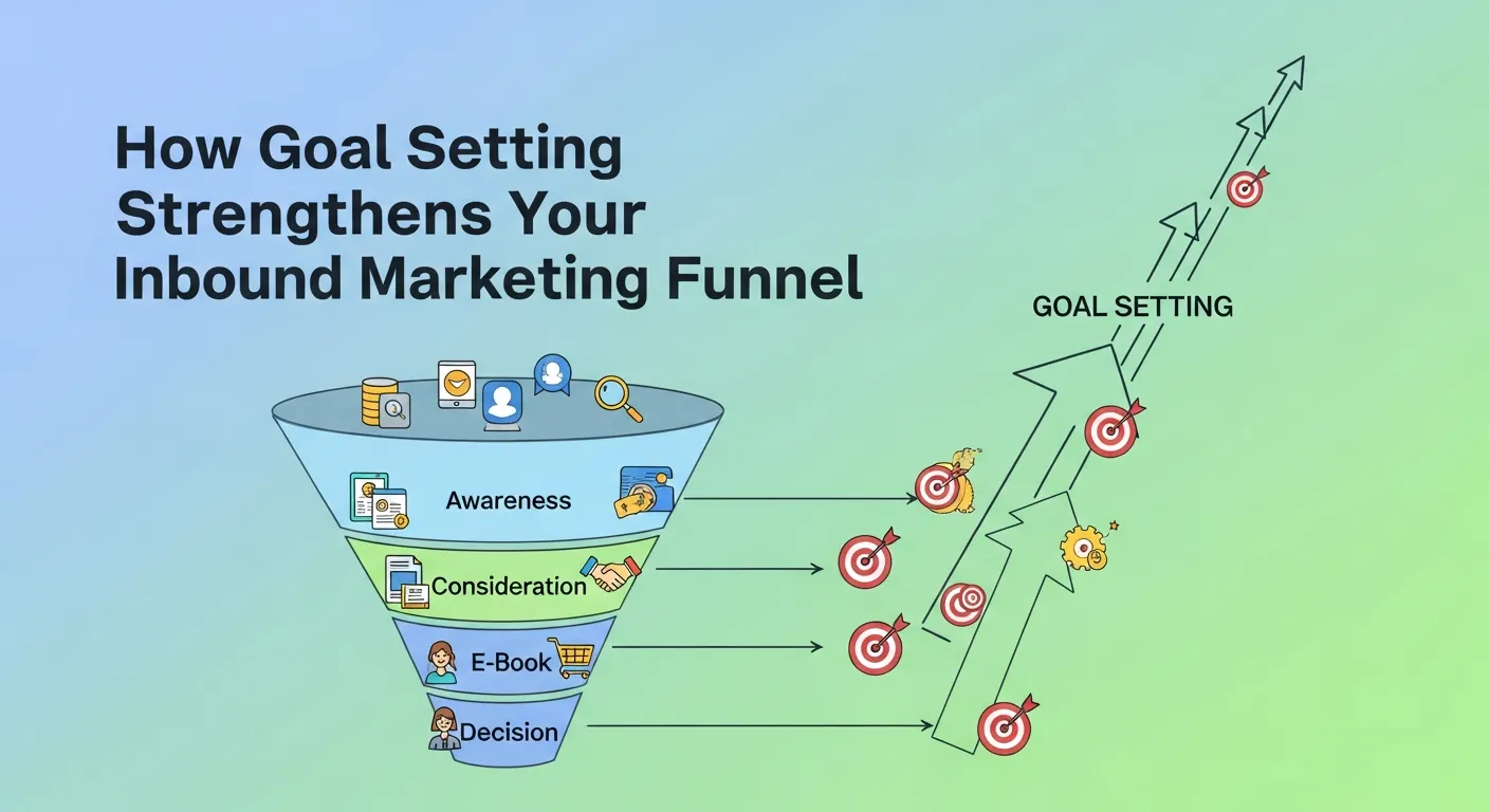 Inbound marketing funnel diagram linking attract, convert, close, and delight goals.