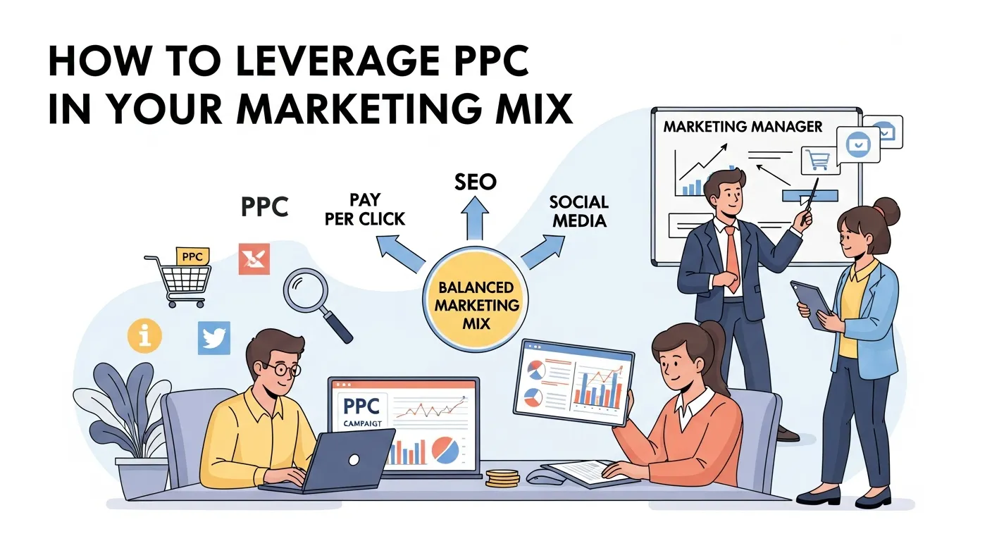 Digital marketing team integrating Pay Per Click, SEO, and social media strategies for a balanced marketing mix