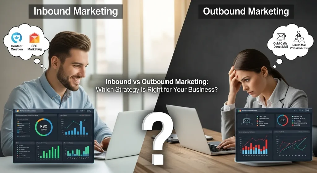 Marketer analyzing inbound marketing vs outbound campaign performance on digital dashboard