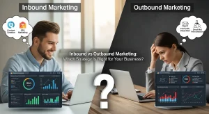 Marketer analyzing inbound marketing vs outbound campaign performance on digital dashboard