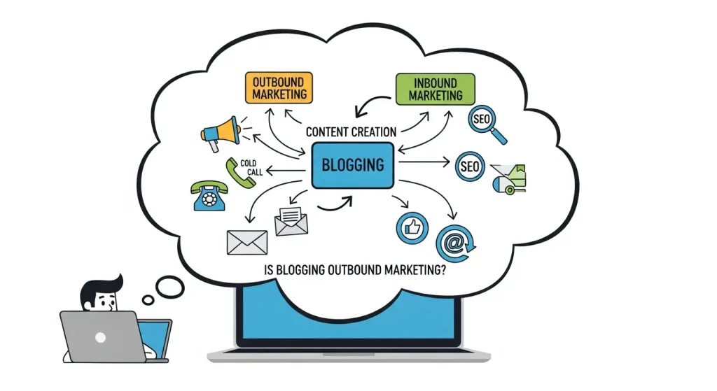 Concept illustration showing blogging at the intersection of inbound and outbound marketing, highlighting content creation, audience engagement, and digital strategy balance