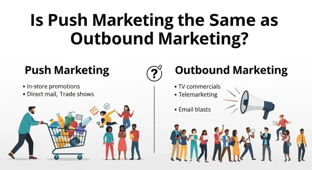 Push vs outbound marketing comparison showing how both involve proactively promoting products to potential customers