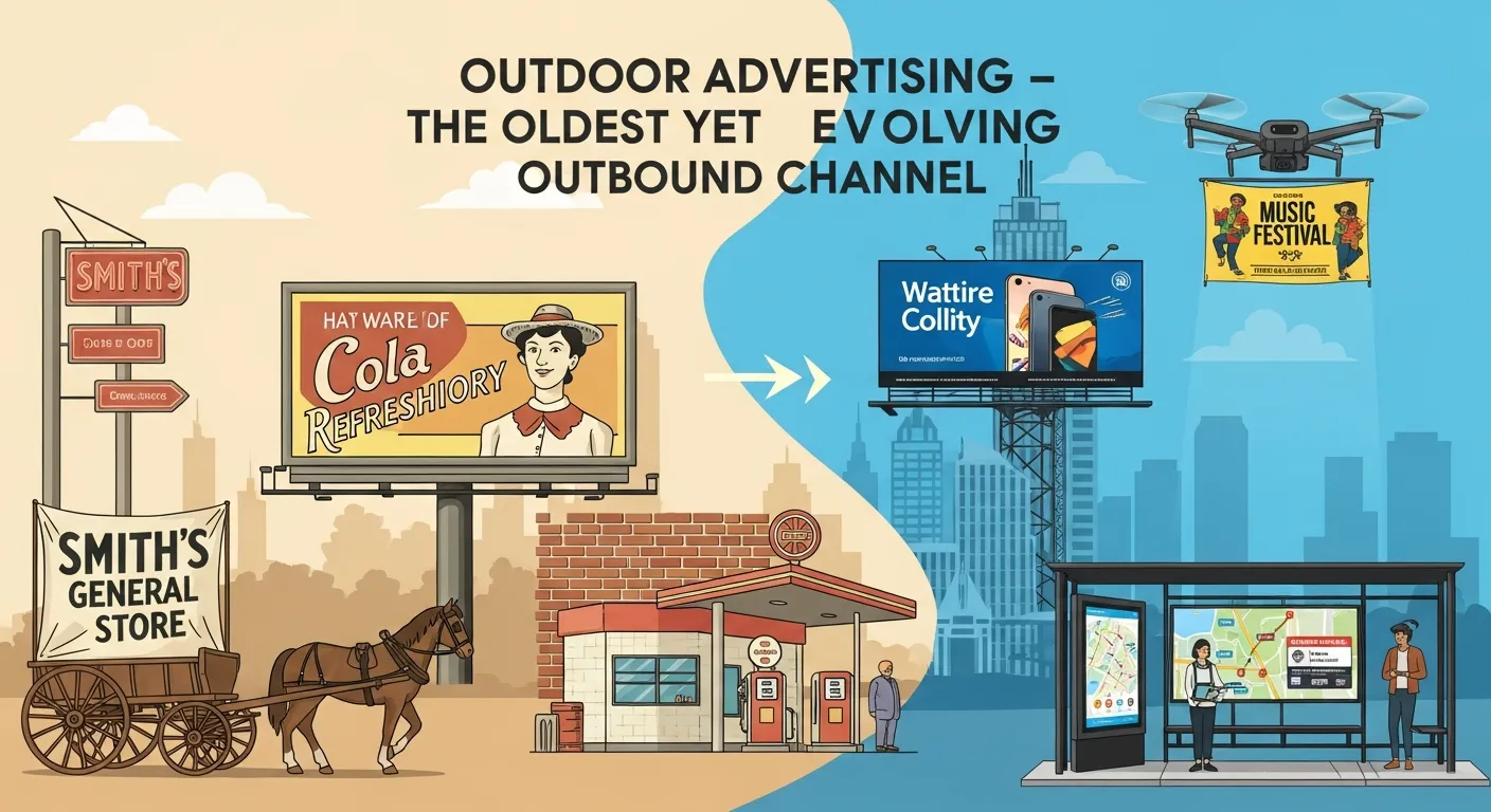 Examples of modern outdoor advertising including digital billboards, transit ads, and event sponsorship displays for outbound marketing