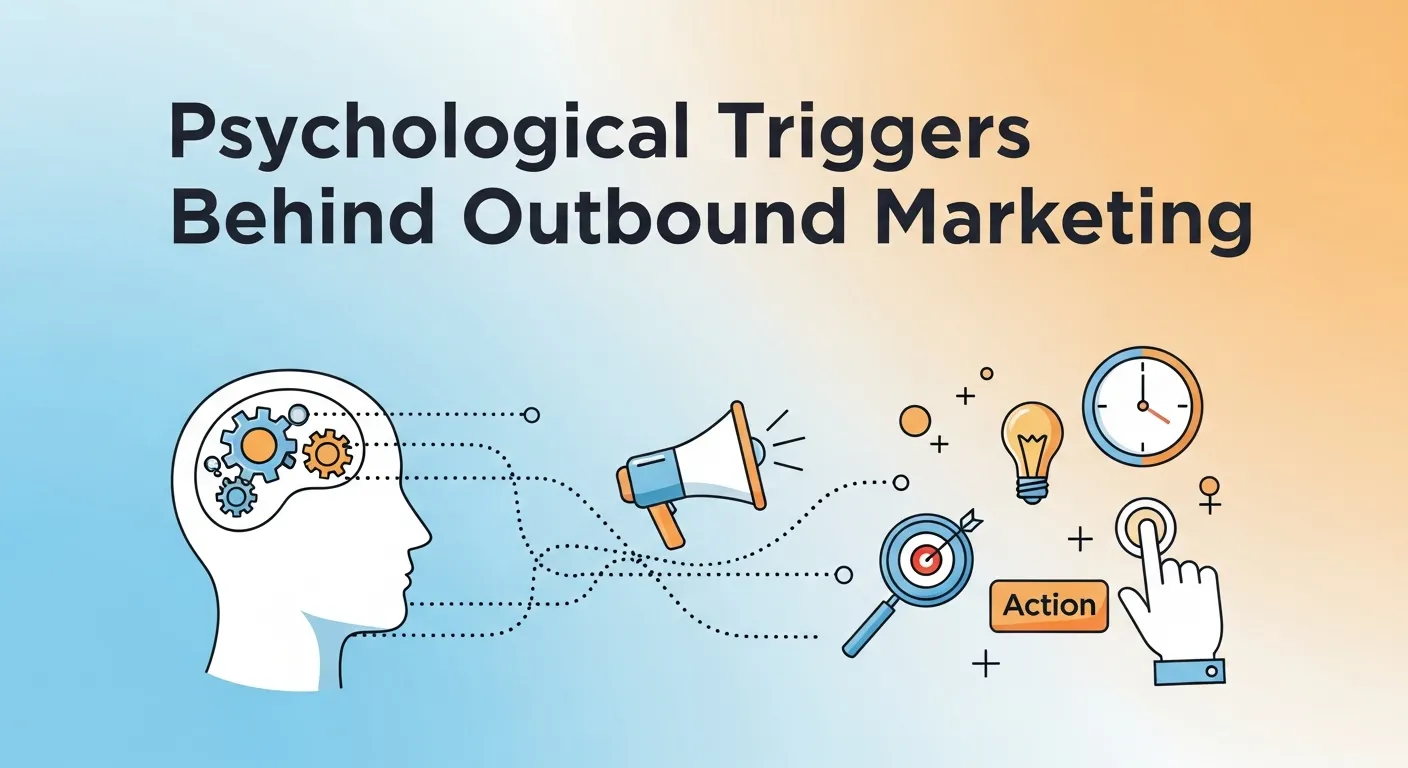 Conceptual image showing human psychology in marketing with icons for repetition, emotion, and social proof influencing buying decisions