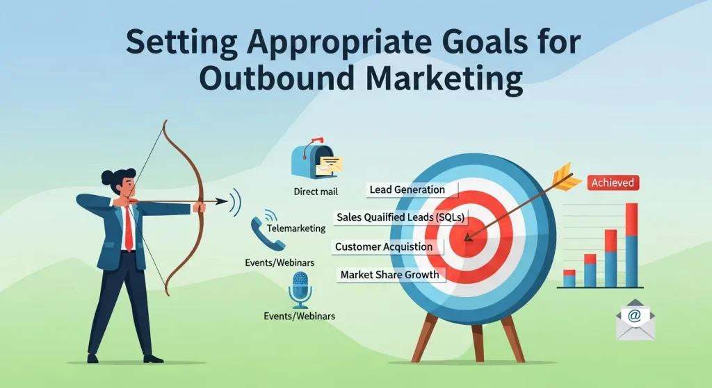 Marketing team setting clear outbound marketing goals with charts, KPIs, and strategy plans on a whiteboard, representing data-driven goal setting and campaign alignment