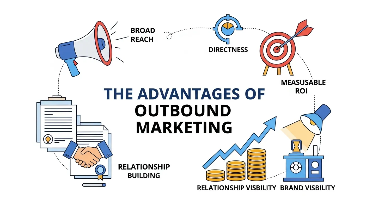Visual representation of outbound marketing advantages showing brand exposure, audience reach, and campaign success through digital and traditional channels