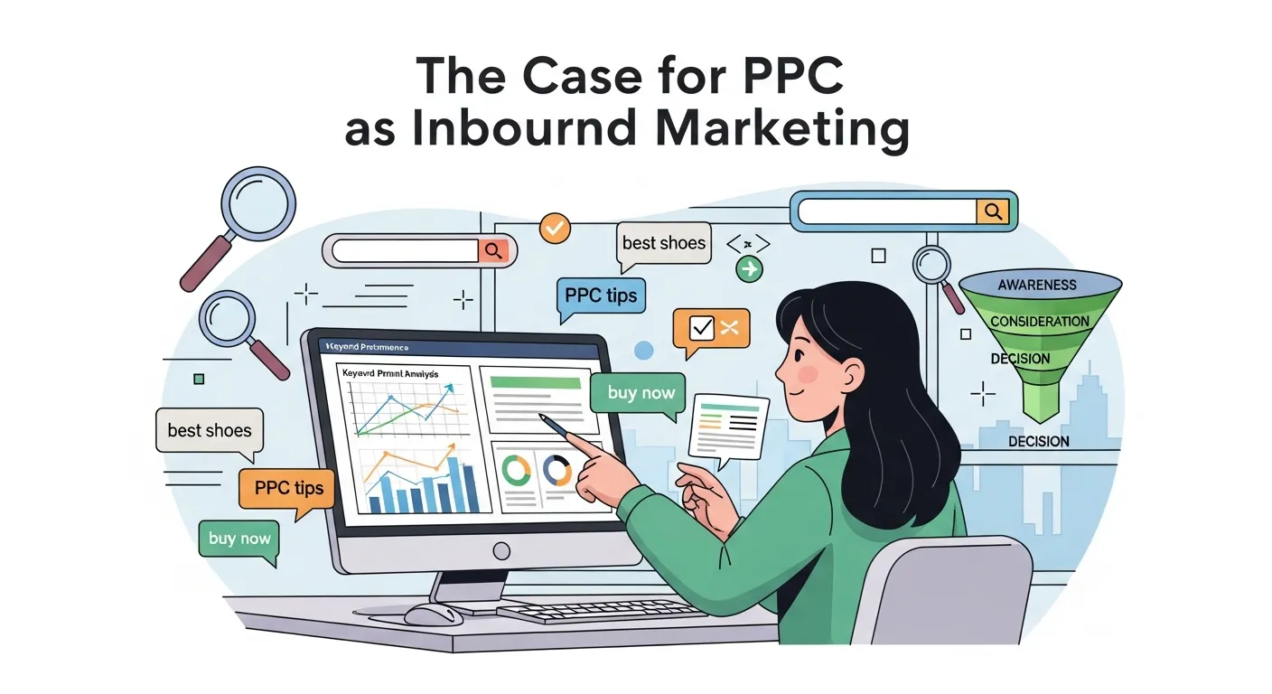 Marketer analyzing search intent and keyword performance to optimize Pay Per Click inbound marketing strategy