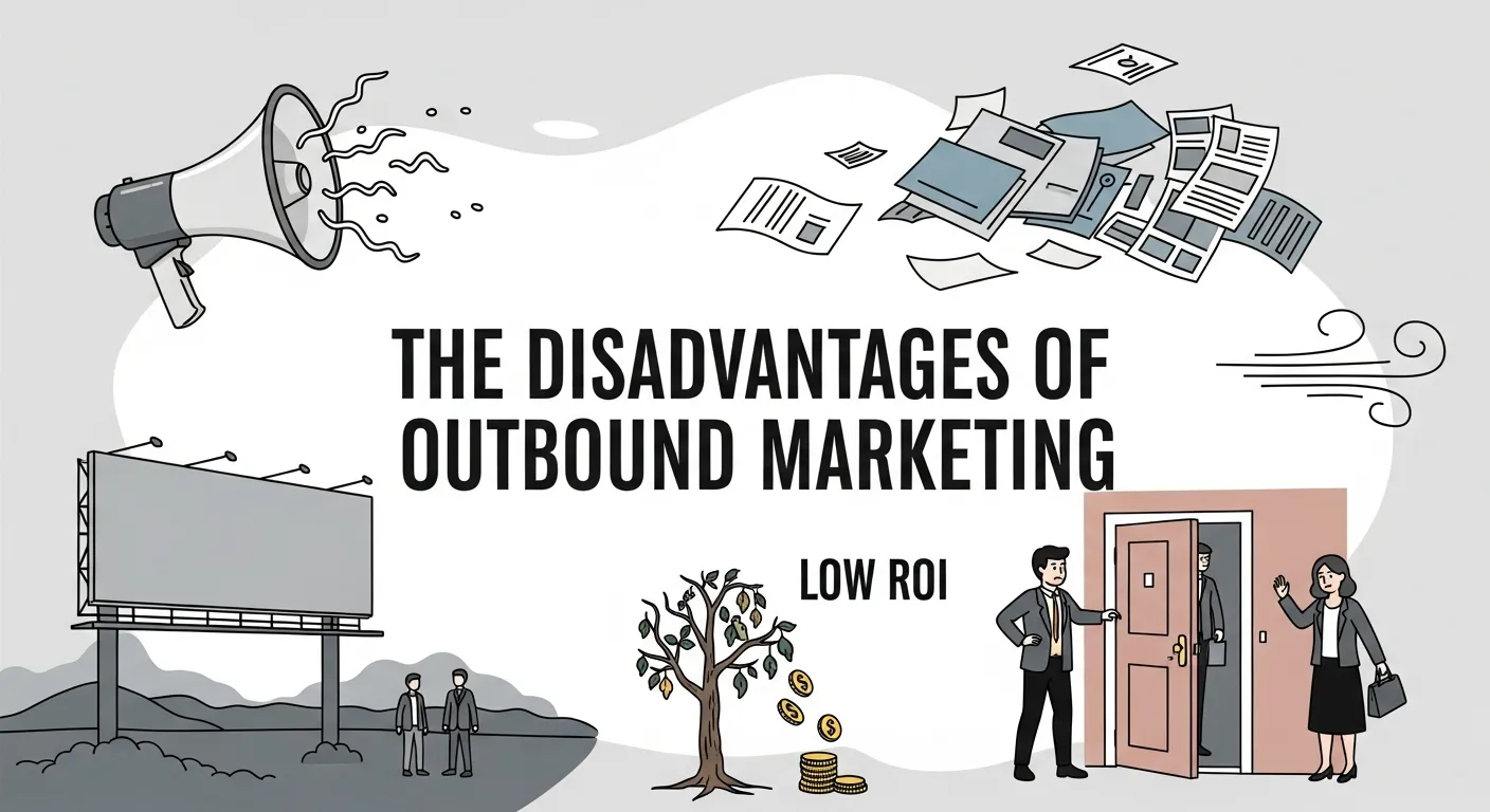 Illustration depicting the challenges of outbound marketing such as high costs, limited targeting, and audience fatigue across multiple advertising platforms