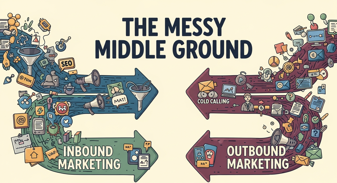 Visual showing overlap between inbound and outbound marketing with blogging positioned in the hybrid middle zone.