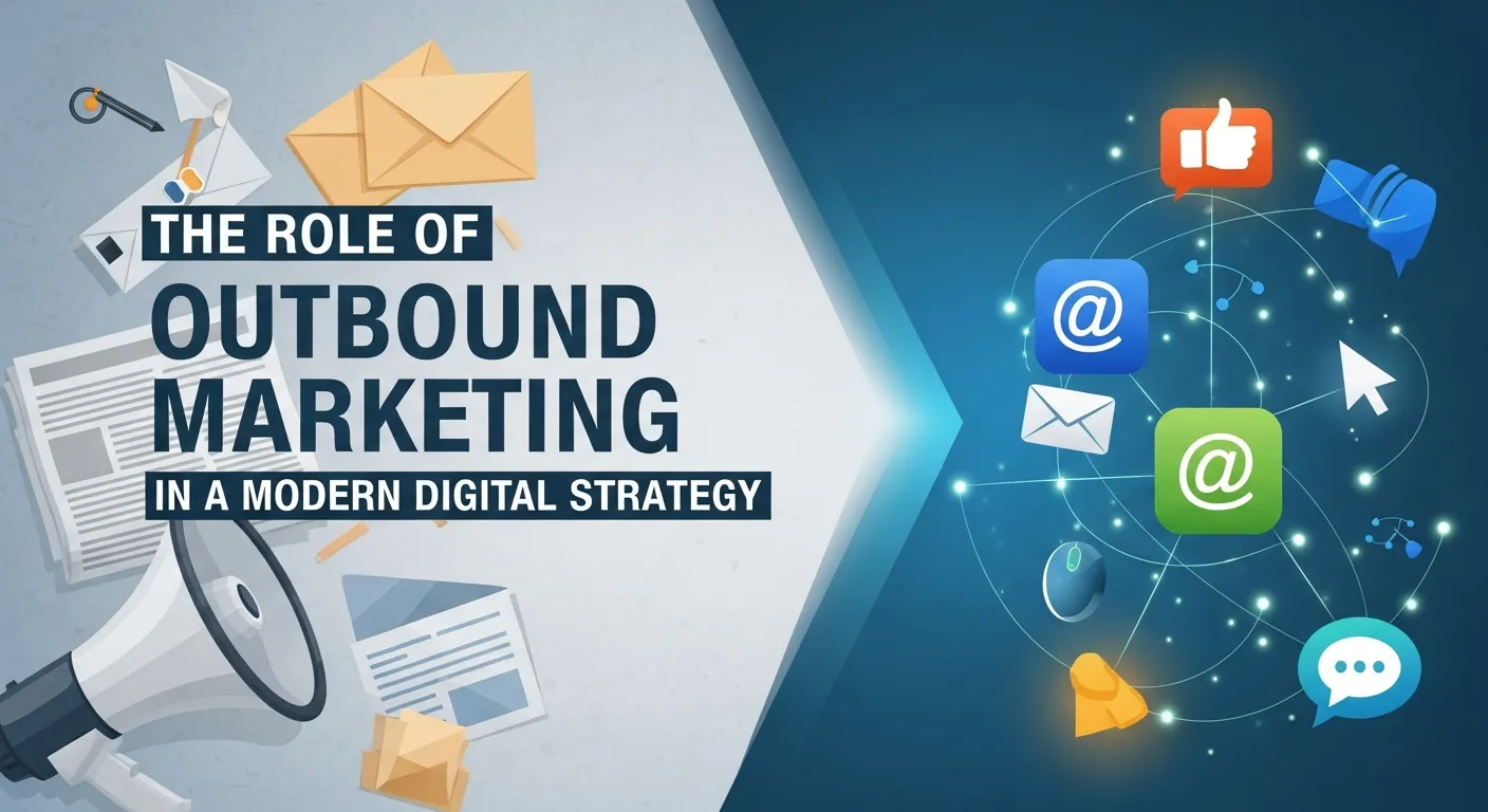 Business professional analyzing outbound marketing strategy with email campaign metrics, data charts, and digital outreach dashboard