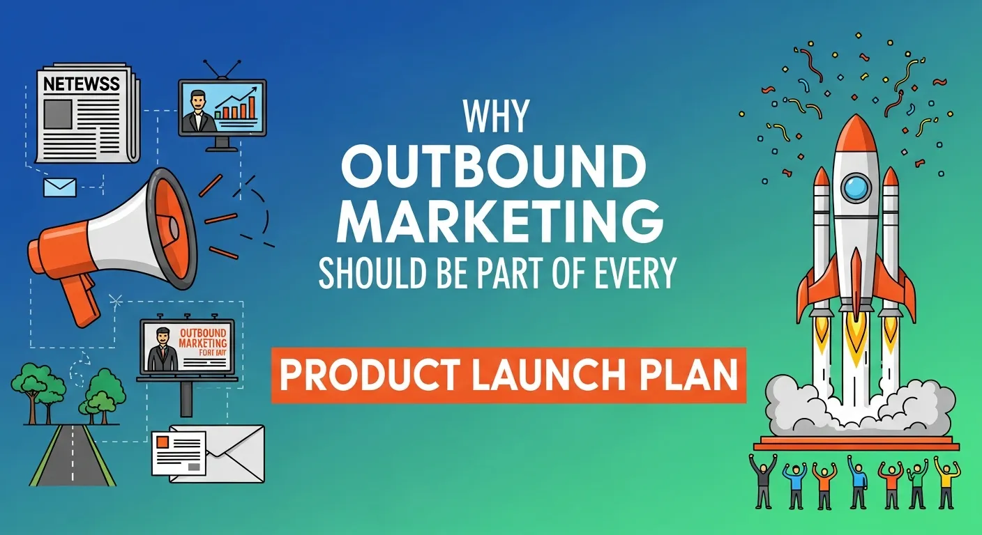 Creative illustration showing a product launch campaign powered by outbound marketing, featuring press releases, digital ads, and influencer collaborations