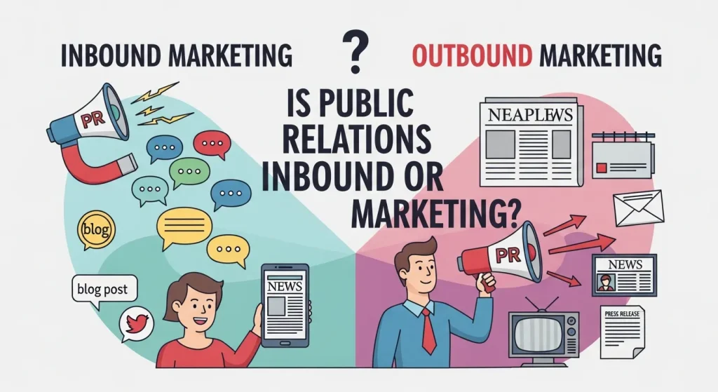 Illustration showing how public relations connects inbound and outbound marketing—bridging proactive media outreach with organic audience engagement.