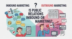 Illustration showing how public relations connects inbound and outbound marketing—bridging proactive media outreach with organic audience engagement.