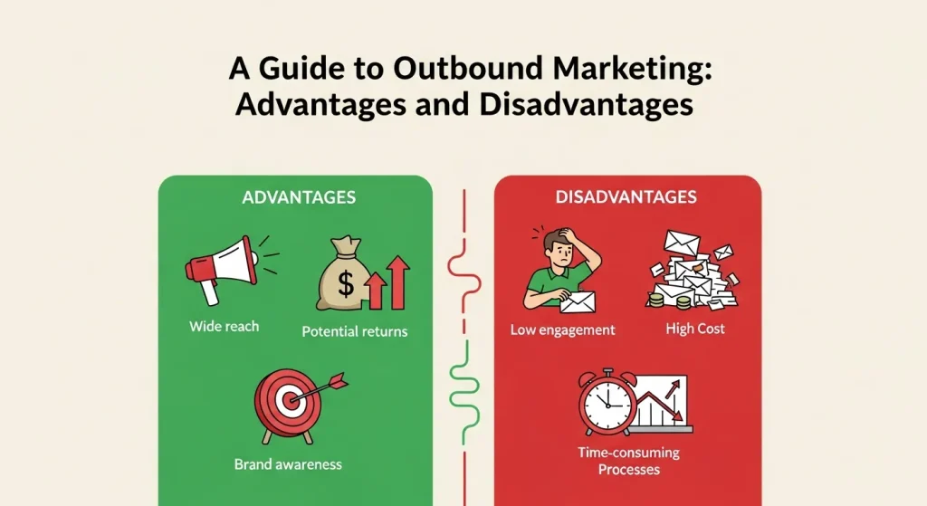 Illustration of outbound marketing concept showing marketers using megaphones, billboards, and digital ads to reach a large audience, symbolizing brand promotion, communication, and customer outreach.