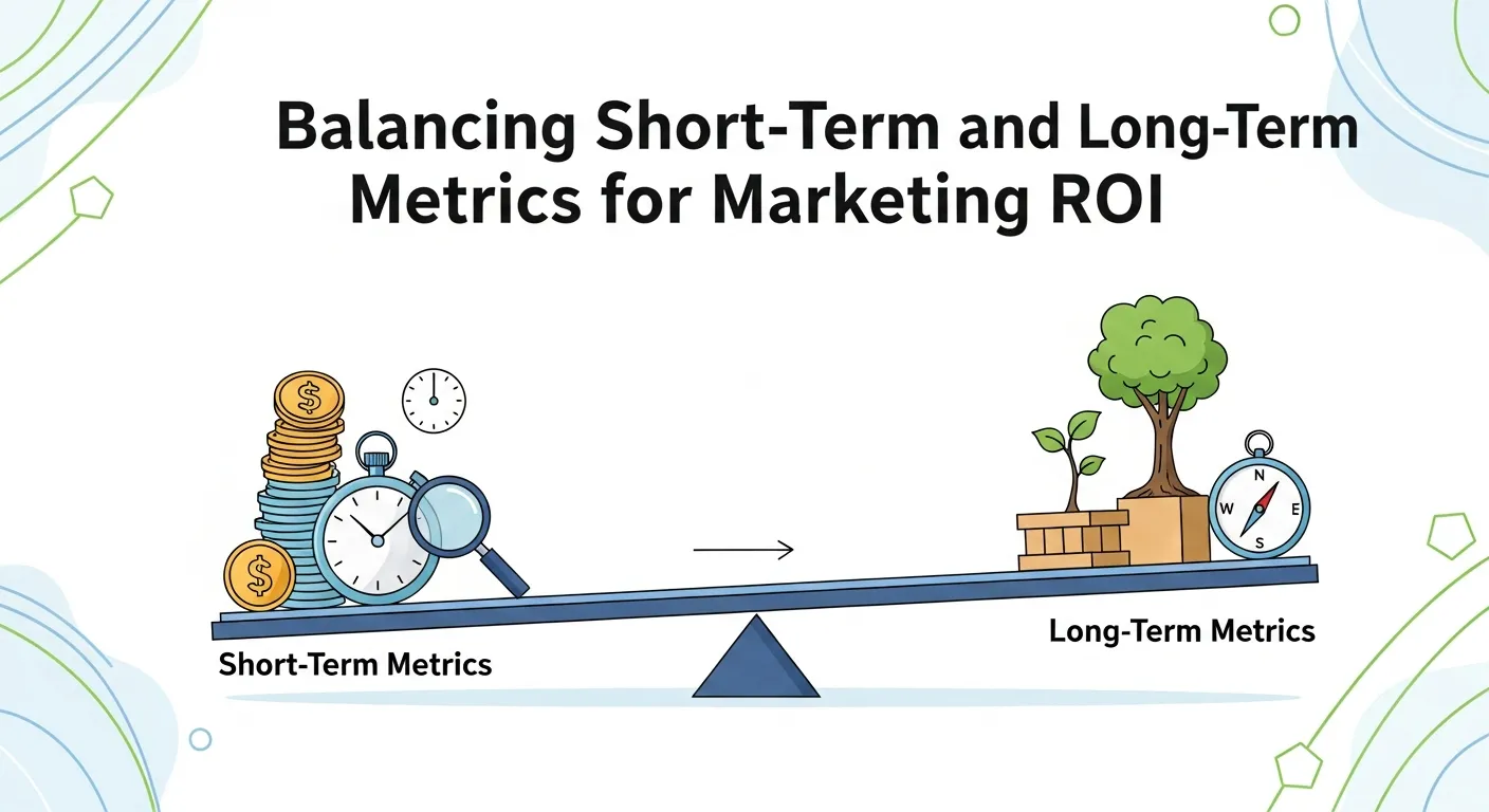 Balanced scorecard illustration for marketing ROI showing short-term metrics like conversion rates and CPA alongside long-term metrics such as brand health, CLTV, and market share