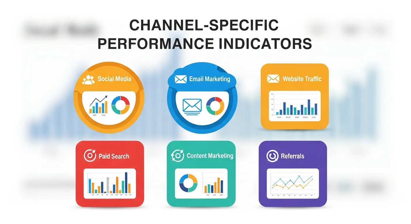 Visual representation of channel-specific marketing ROI metrics, including digital advertising, content marketing, email campaigns, and social media engagement.