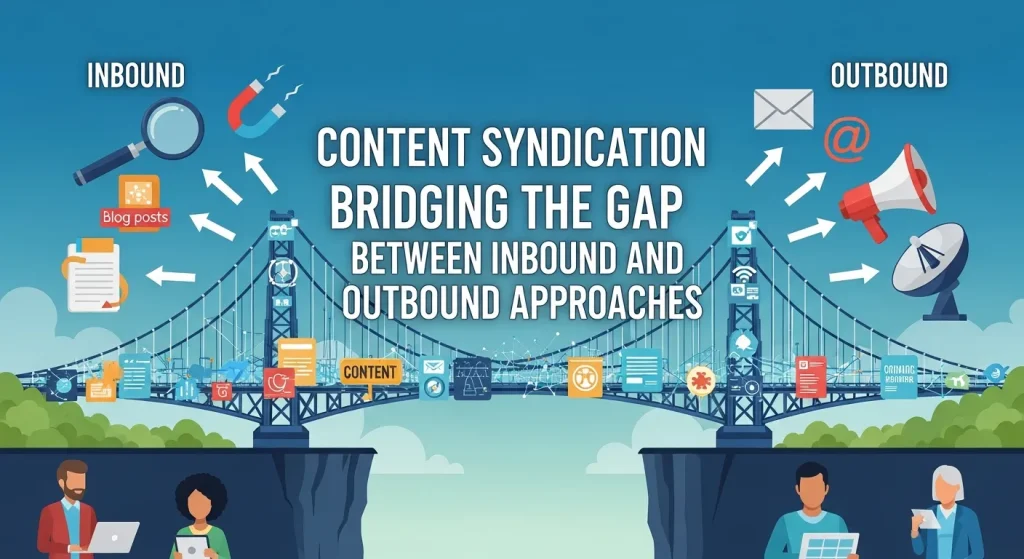 Illustration of content syndication strategies showing inbound and outbound marketing integration, with digital content distribution across multiple platforms and audience engagement