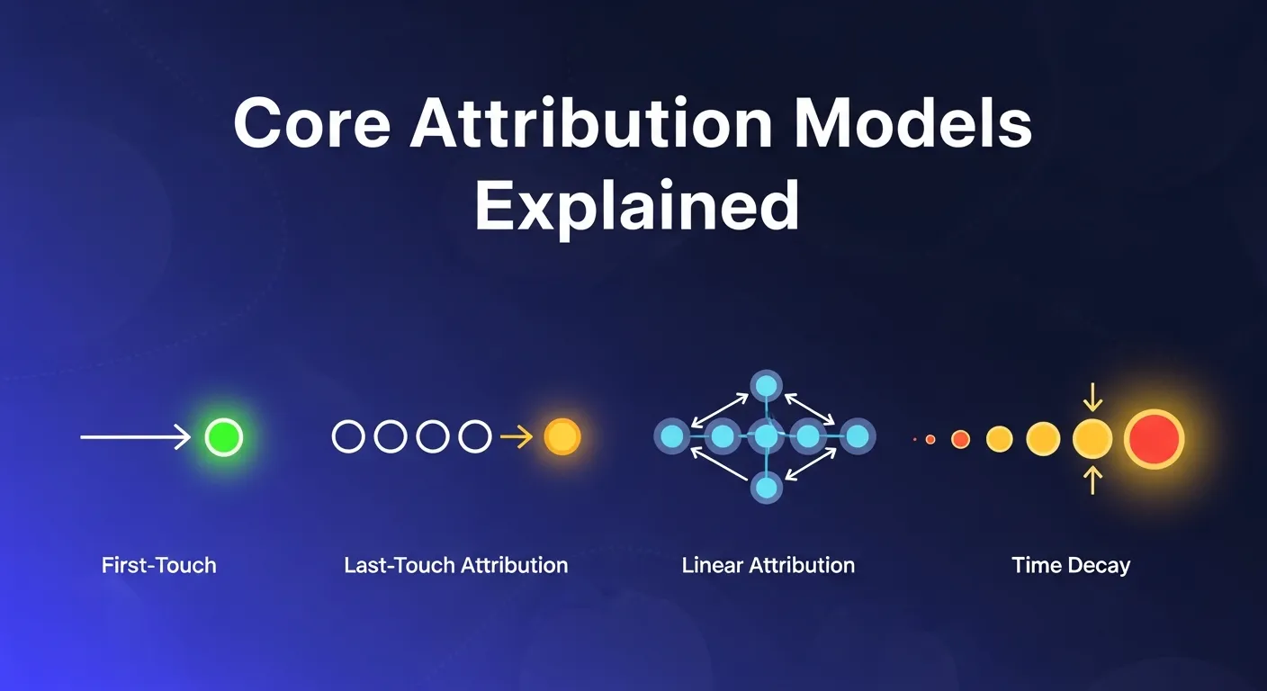 Visual comparison of core marketing measurement models showing how conversion credit is distributed across customer touchpoints in multi-channel campaigns