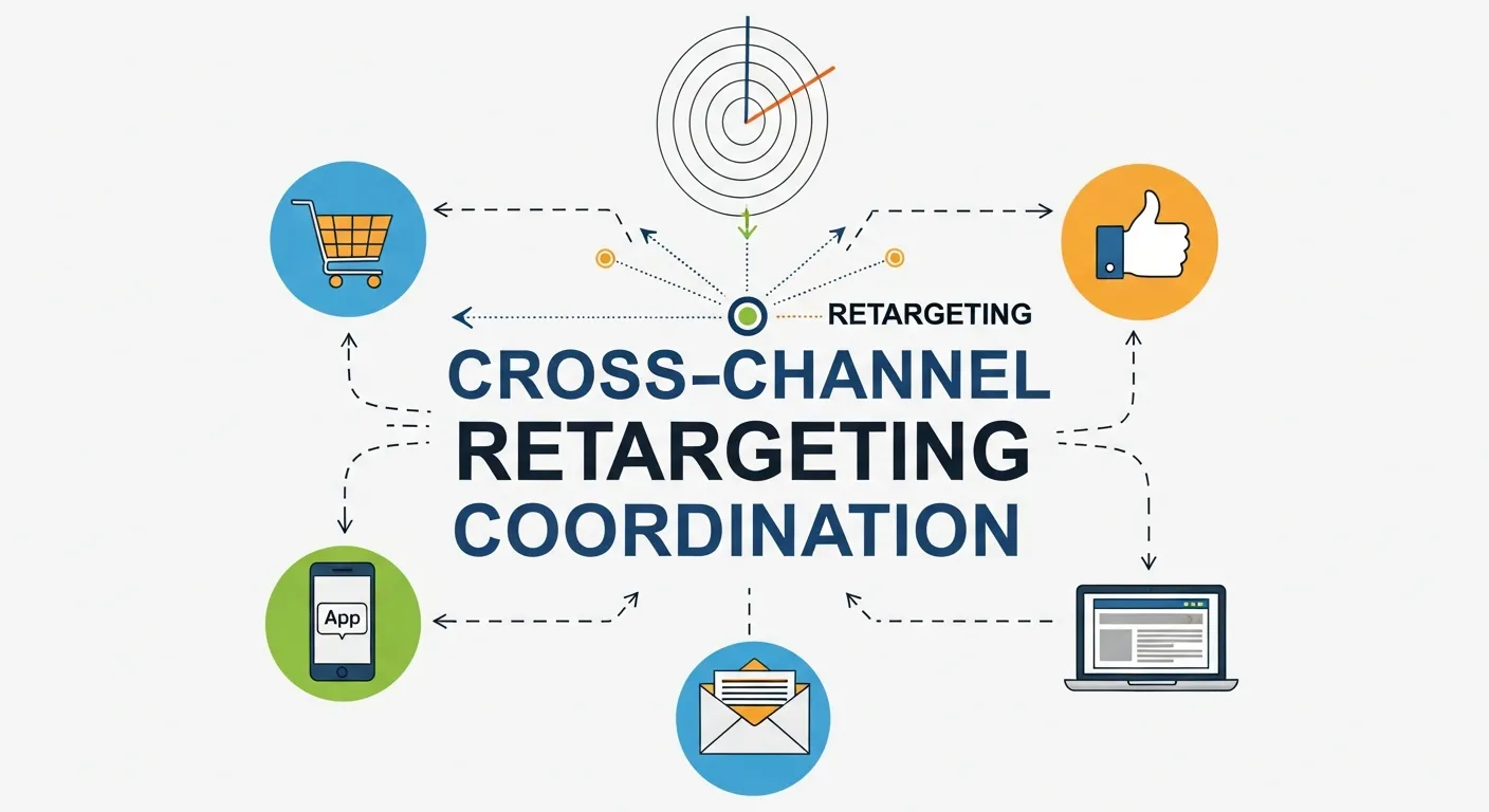 Diagram illustrating cross-channel retargeting coordination with connected touchpoints across email, social media, video, mobile, and web ads, showing how each channel reinforces customer engagement.