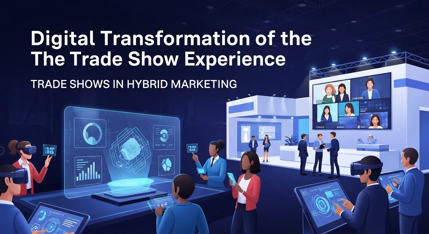 Attendees at a trade show interacting in person and virtually through digital platforms, illustrating hybrid engagement