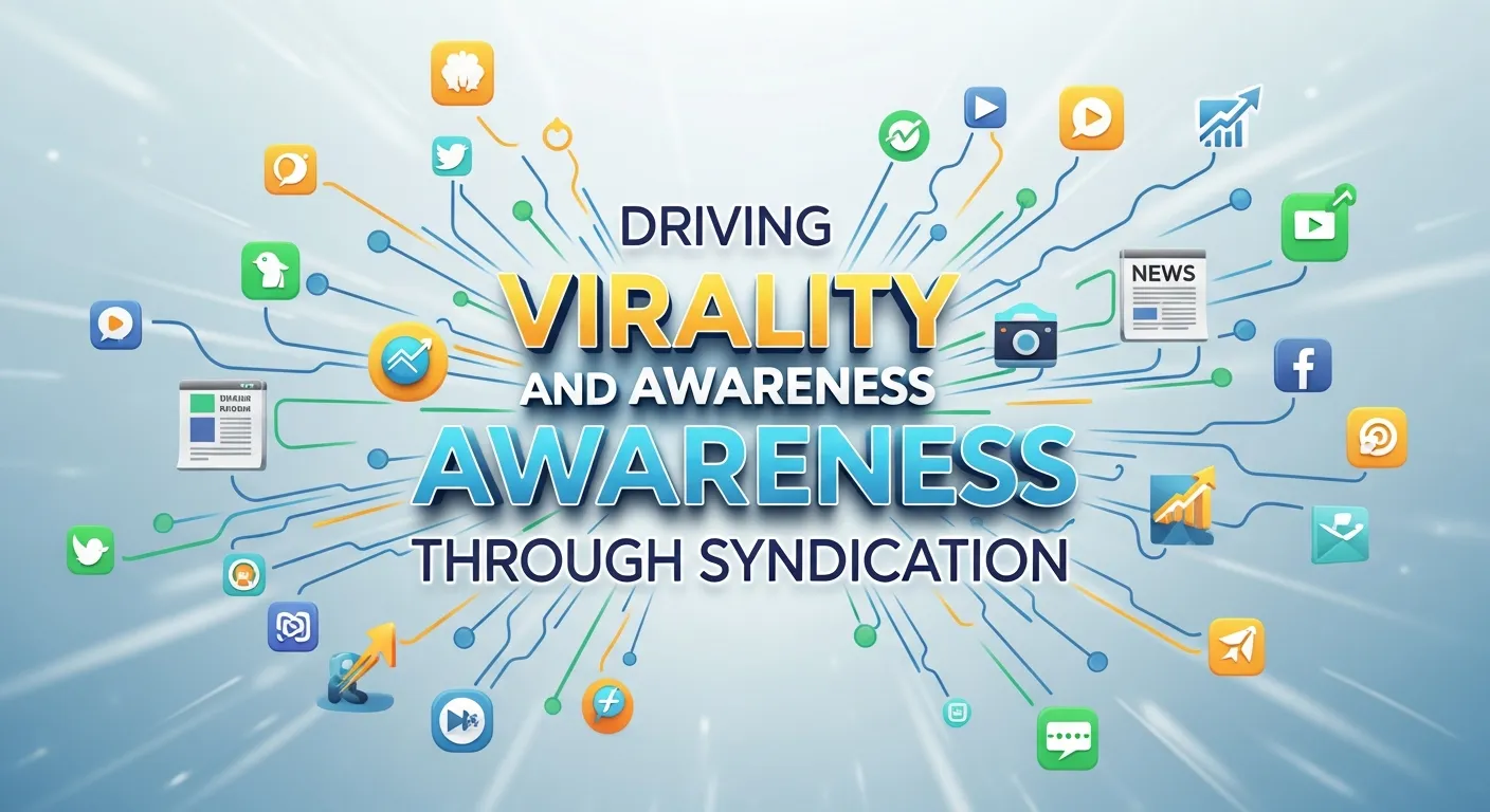 Diagram showing how content syndication amplifies viral content through emotion-driven storytelling, platform-specific adaptation, and social amplification across multiple networks