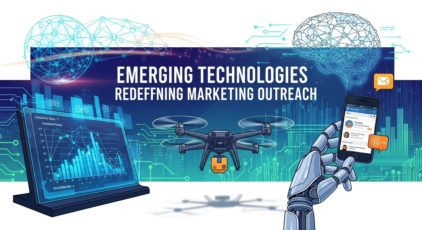 Illustration of AI, automation tools, and chatbots optimizing digital marketing outreach.