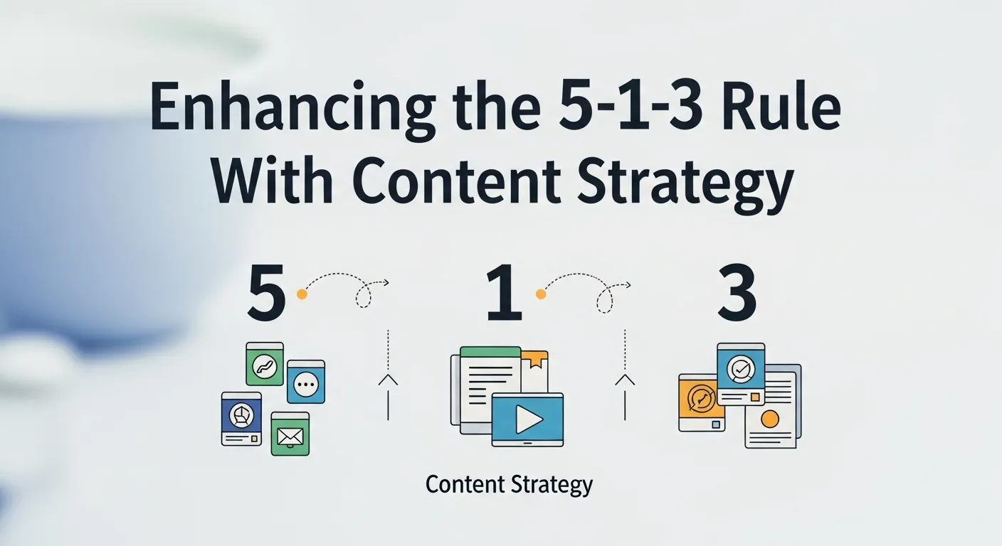 Visual representation of content strategy for the 5-1-3 rule, including educational content, social proof, and interactive content for effective outreach.