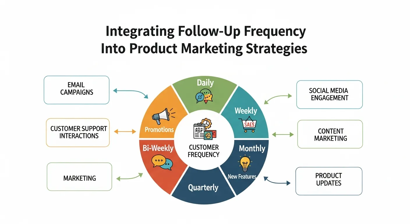 Product marketing funnel showing ideal follow-up frequency across awareness, consideration, decision, and retention stages.