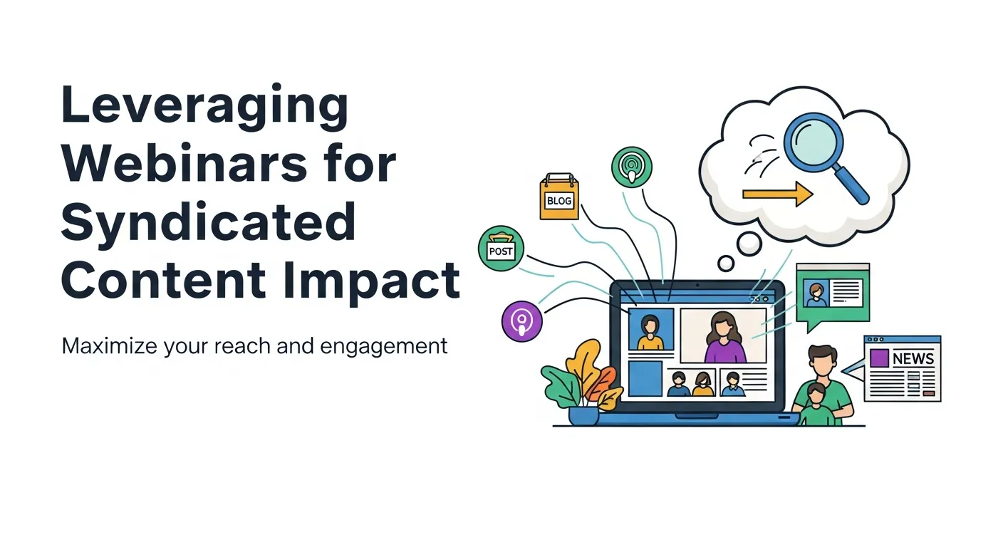 Graphic of a webinar session being broadcast to multiple platforms, highlighting engagement, lead capture, and repurposing for content syndication.