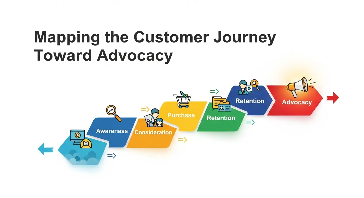 Illustrated customer journey map showing stages from awareness to advocacy, demonstrating how brands turn happy customers into loyal brand ambassadors.