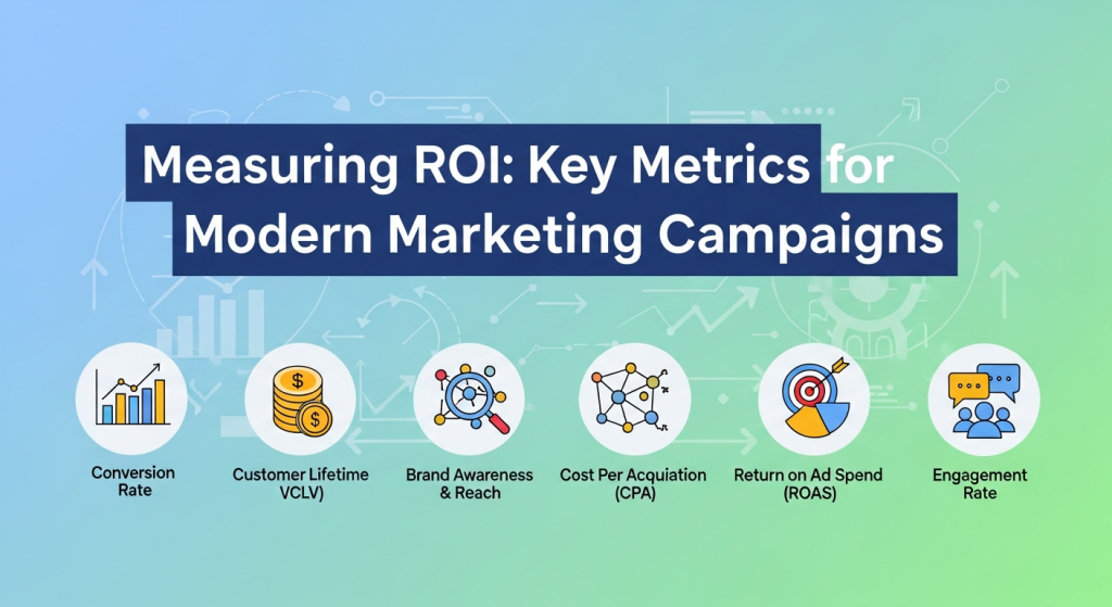 Illustration showing modern marketing campaign metrics with graphs, charts, and digital channels representing marketing ROI measurement.
