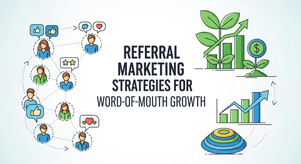 Business team collaborating on referral marketing strategy to boost authentic word-of-mouth growth through customer advocacy and digital engagement.