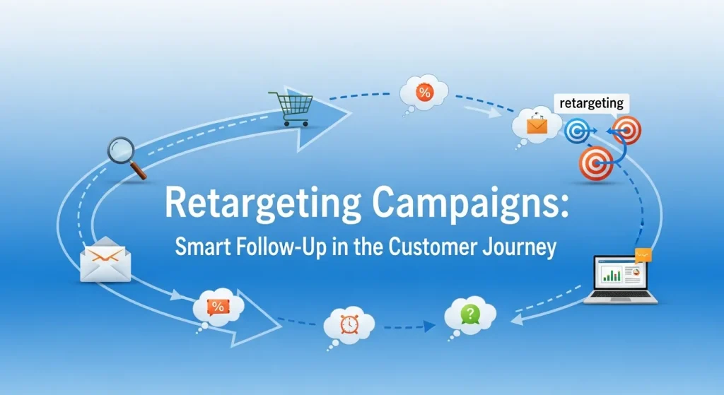 llustration showing how retargeting campaigns re-engage customers across multiple digital touchpoints — including display ads, social media, email, and mobile