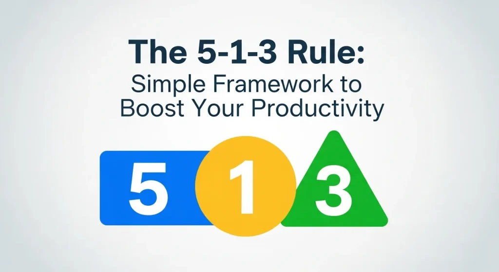 Illustration of the 5-1-3 rule productivity framework showing one big task, three medium tasks, and five small tasks for daily planning.