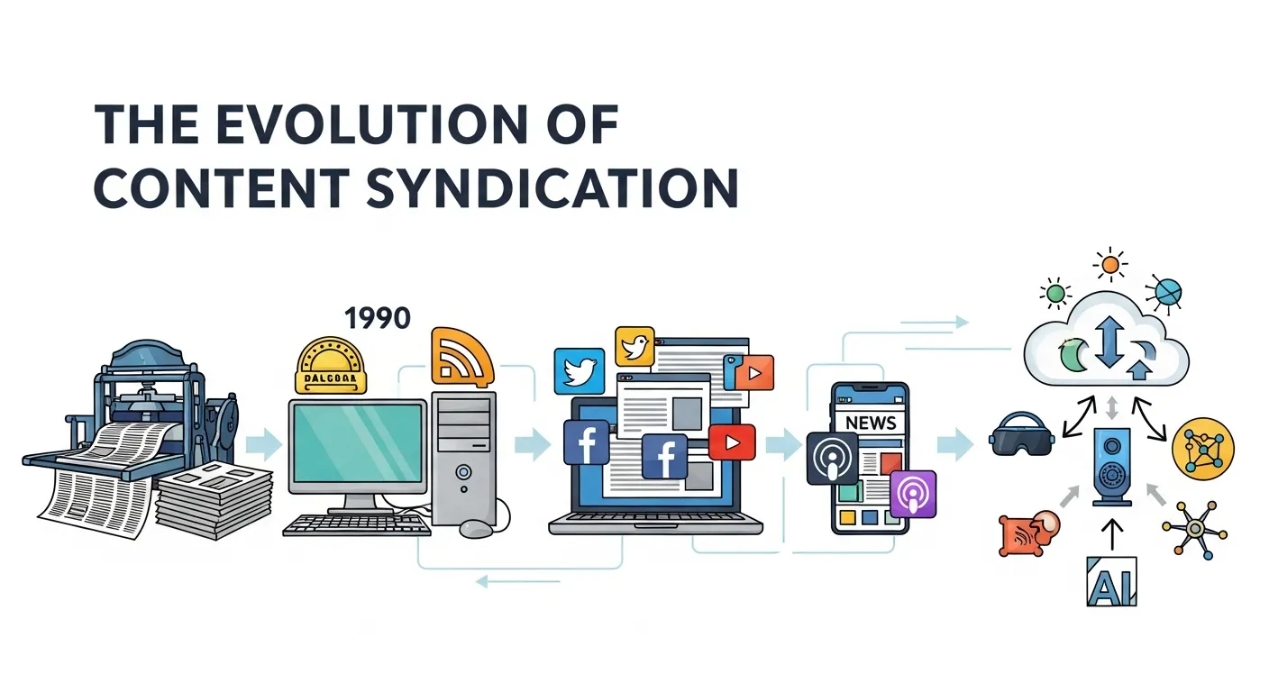 Illustration showing the evolution of content syndication from simple article reposts to modern targeted distribution across multiple platforms.
