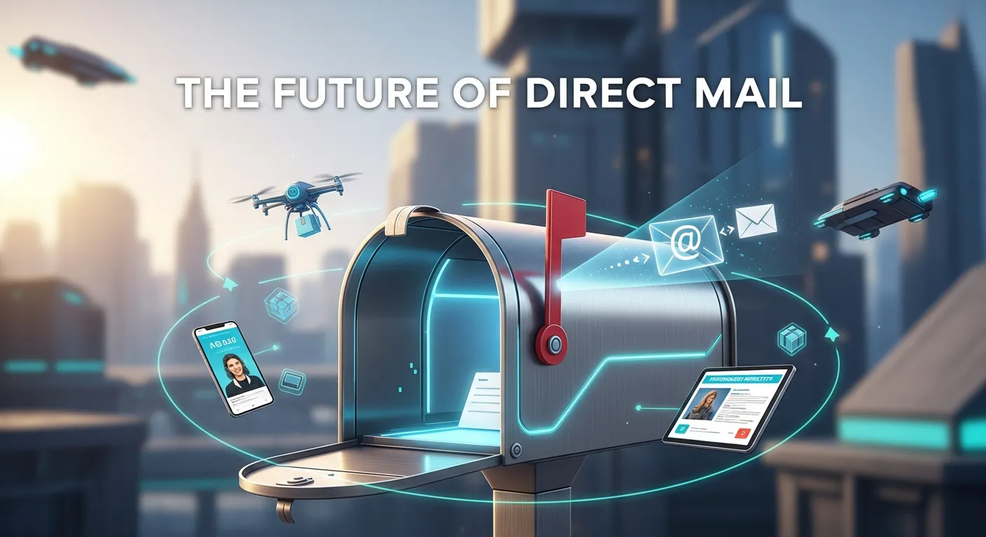 Futuristic direct mail concept with NFC-enabled cards, augmented reality visuals, and embedded video screens connecting physical materials to digital experiences