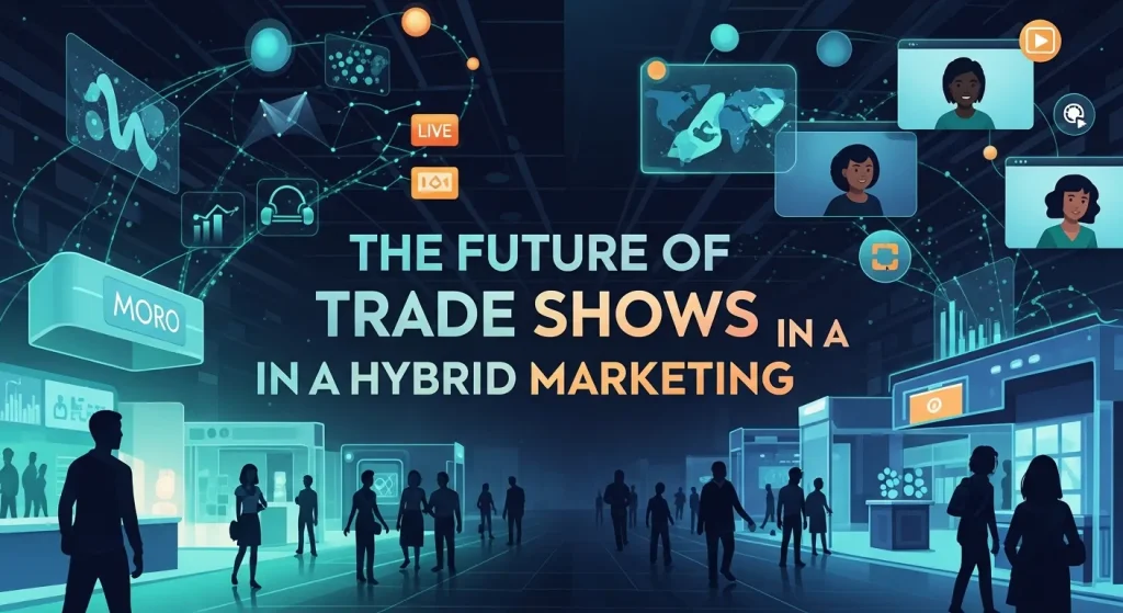 A bustling Trade Shows in Hybrid Marketing floor with attendees interacting at booths, combined with virtual participants engaging online, illustrating trade shows in a hybrid marketing landscape