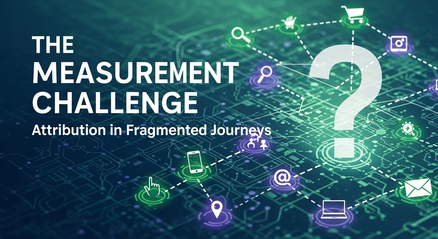Cross-device attribution infographic showing user journey across mobile, desktop, and tablet in programmatic advertising measurement.