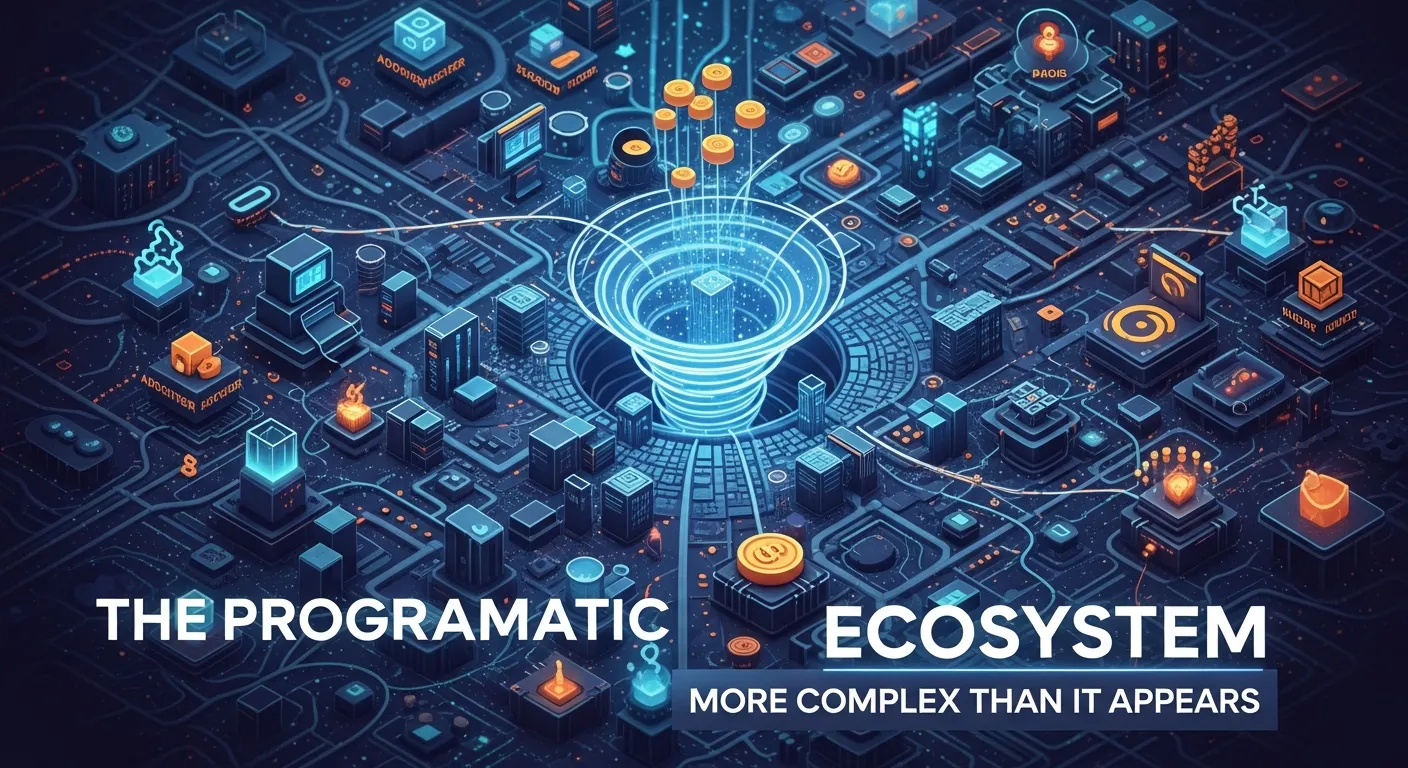 Programmatic advertising ecosystem diagram showing interaction between DSPs, DMPs, SSPs, and ad exchanges in real-time bidding.