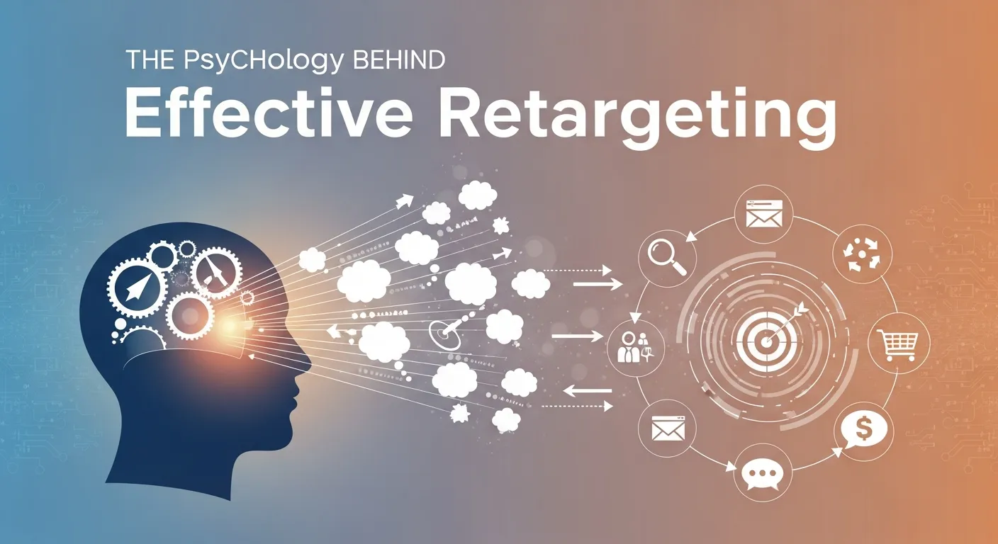 Illustration showing psychological principles behind retargeting campaigns, including the mere exposure effect and action-completion triggers that motivate customers to return and complete purchases.