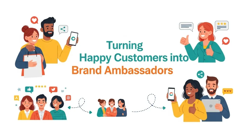 Smiling customers promoting a brand on social media, representing the process of turning customers into brand ambassadors.