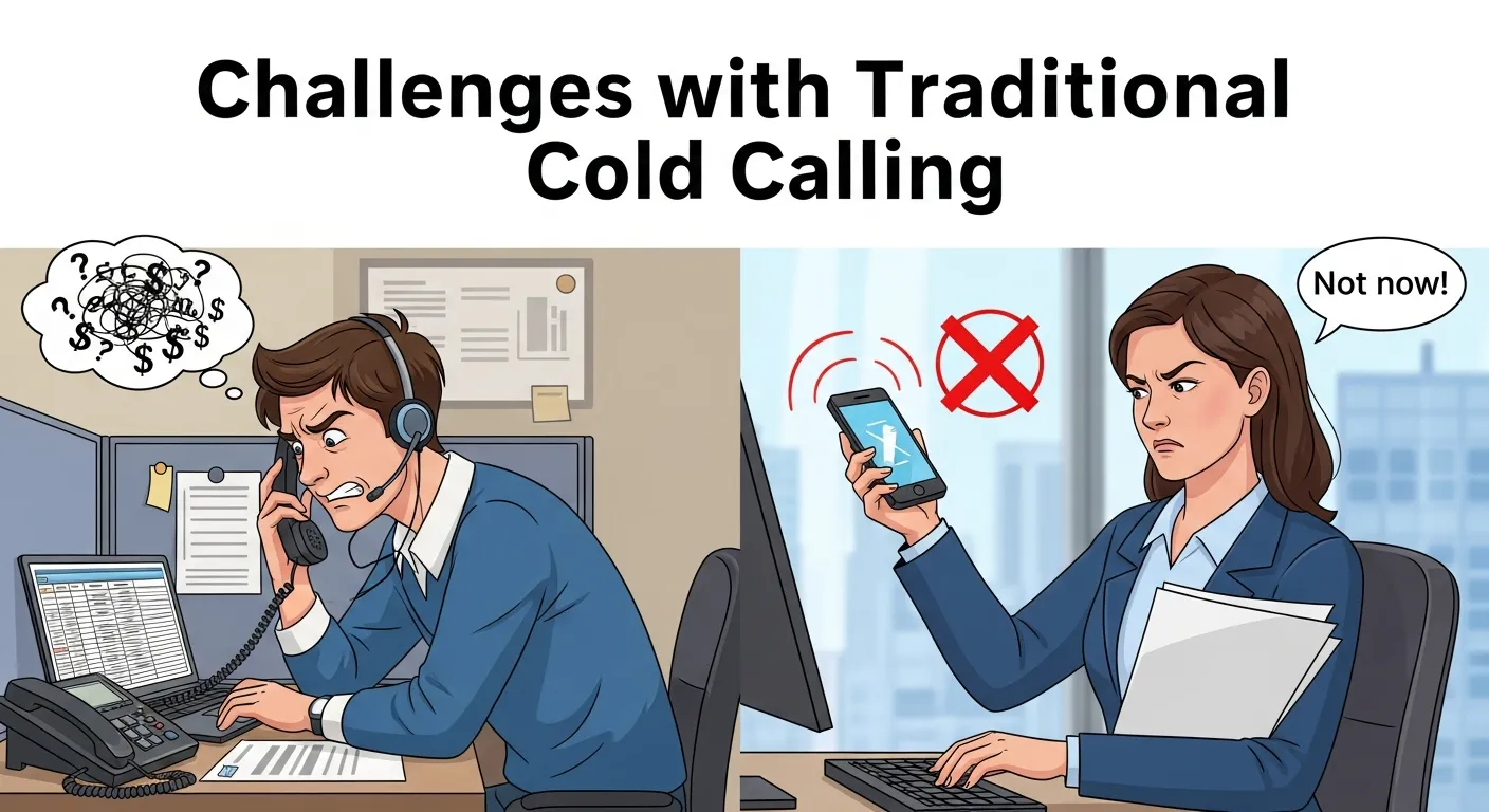 Sales representative struggling to reach prospects during a cold calling session, symbolizing challenges in traditional outbound sales methods