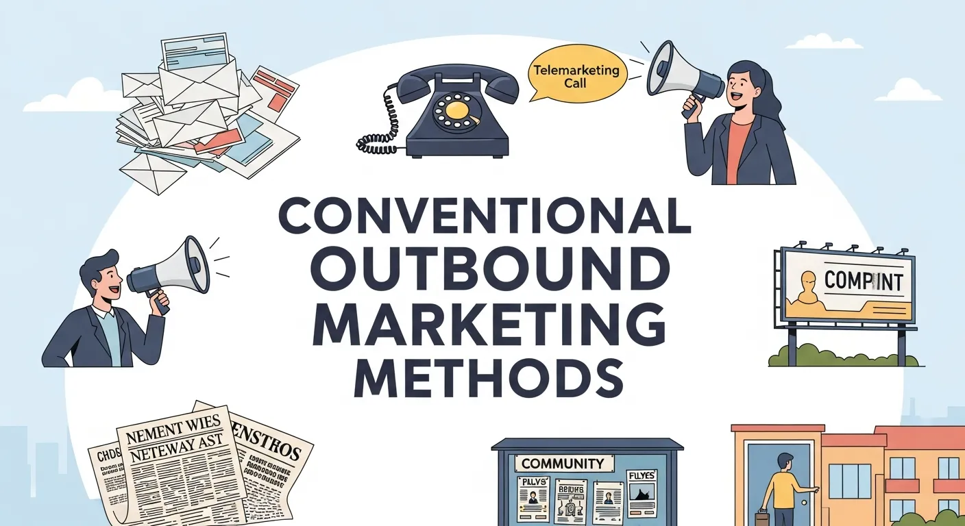 Traditional advertising channels including TV commercials, radio spots, print magazines, and billboards showcasing outbound marketing methods