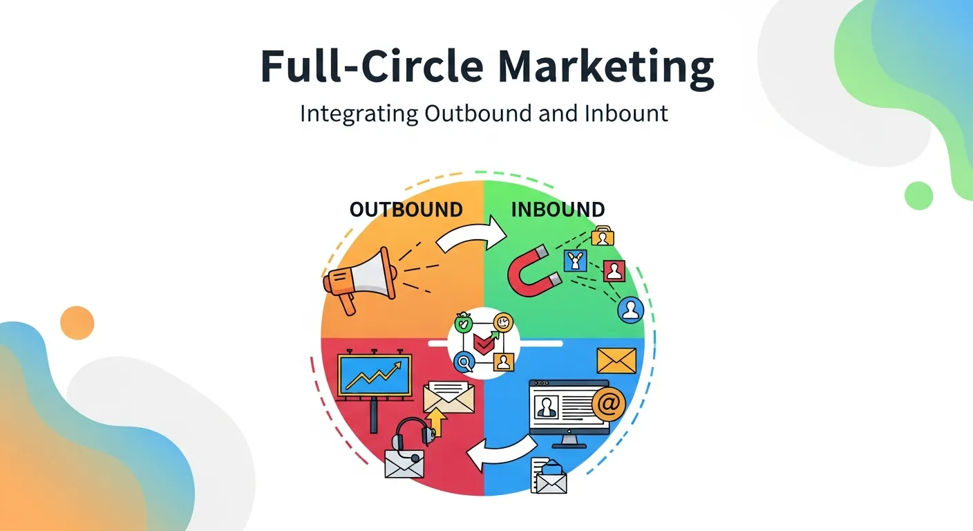 Full-circle marketing illustration showing integration of inbound and outbound strategies to boost sales and customer retention in e-commerce.