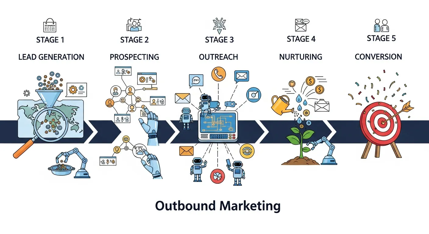 Dashboard view of automation tools transforming each stage of outbound marketing from lead generation to personalized outreach.