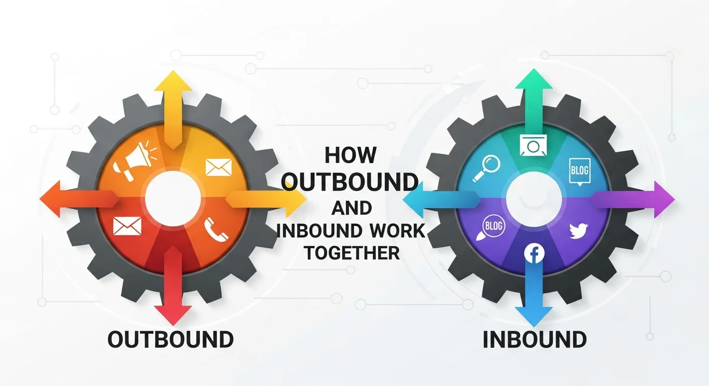 A digital marketing dashboard displaying inbound and outbound campaign data integration, illustrating how both strategies work together to attract, nurture, and convert customers for balanced business growth.